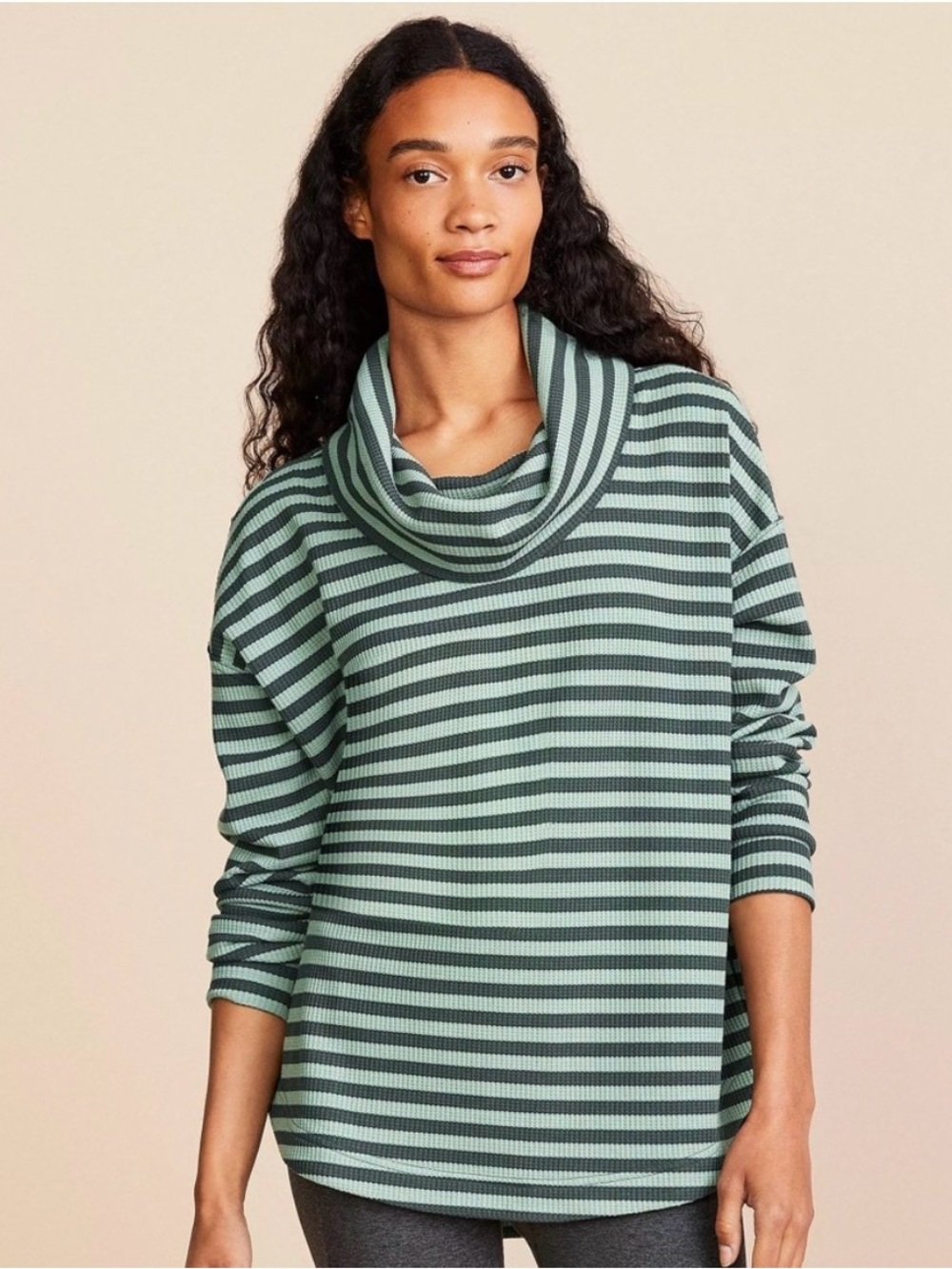 Lou & Grey Loft Green Striped Cowl Neck Waffle Pullover Large